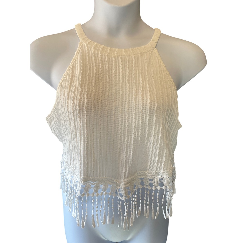 Womens Y2K Boho Fringe Tassel Hippie Crop Top Size 2XL Festival Coastal Crochet
